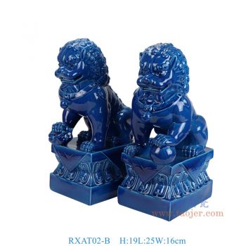 RXAT02-B 颜色釉蓝色狮子狗雕塑一对 高19直径25底径20.8重量5.2KG