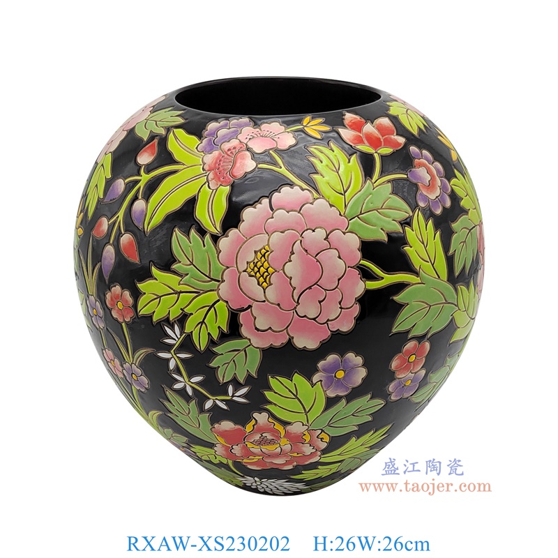 RXAW-XS230202 黑底彩绘牡丹纹罐子 高26直径26