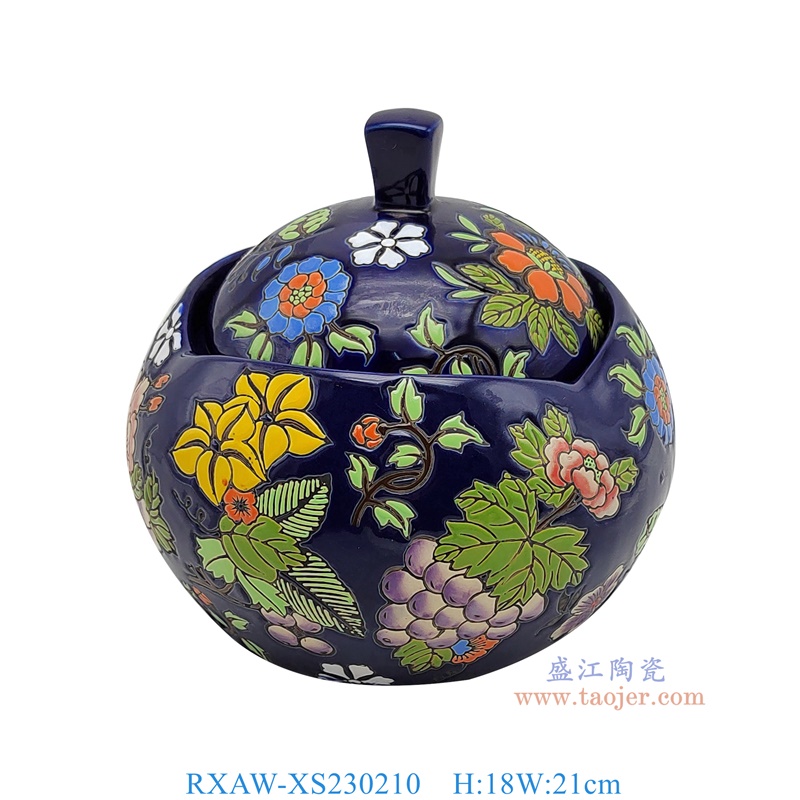 RXAW-XS230210 霁蓝底彩绘花卉盖罐小号 高18直径21
