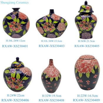 RXAW-XS230401-zhuhe 黑底彩绘芍药花卉扁肚抱月瓶 黑底彩绘芍药花卉扁肚尖嘴瓶 黑底彩绘芍药花卉将军罐 黑底彩绘芍药花卉宝珠坛将军罐 黑底彩绘芍药花卉14.5英寸圆盘 黑底彩绘红花尖嘴瓶 黑底彩绘红花盖罐
