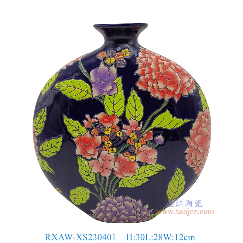 RXAW-XS230401 黑底彩绘芍药花卉扁肚抱月瓶大号 高30直径28