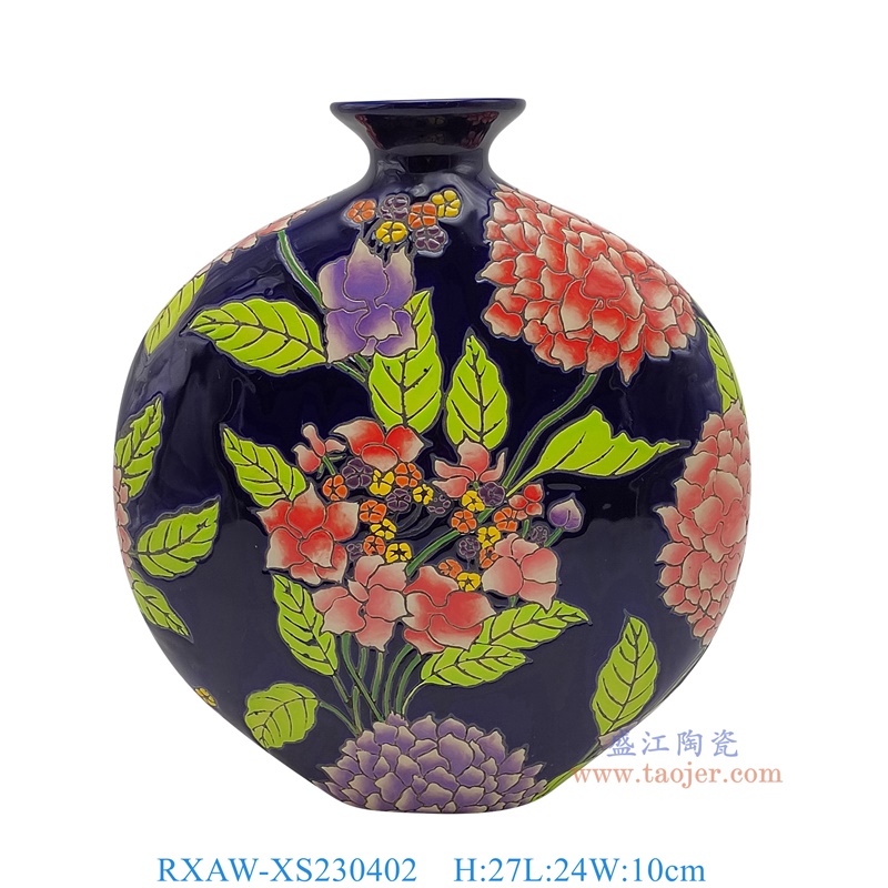 RXAW-XS230402 黑底彩绘芍药花卉扁肚抱月瓶小号 高27直径24