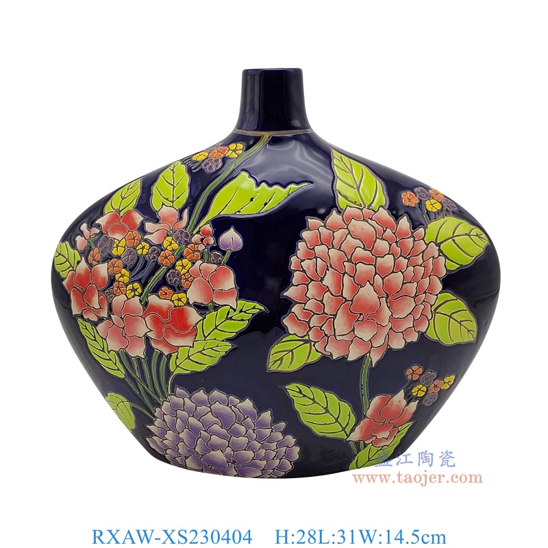 RXAW-XS230404 黑底彩绘芍药花卉扁肚尖嘴瓶小号 高28直径31