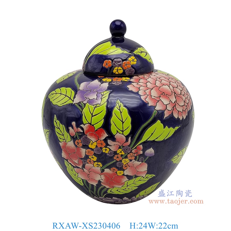 RXAW-XS230406 黑底彩绘芍药花卉宝珠坛将军罐 高24直径22
