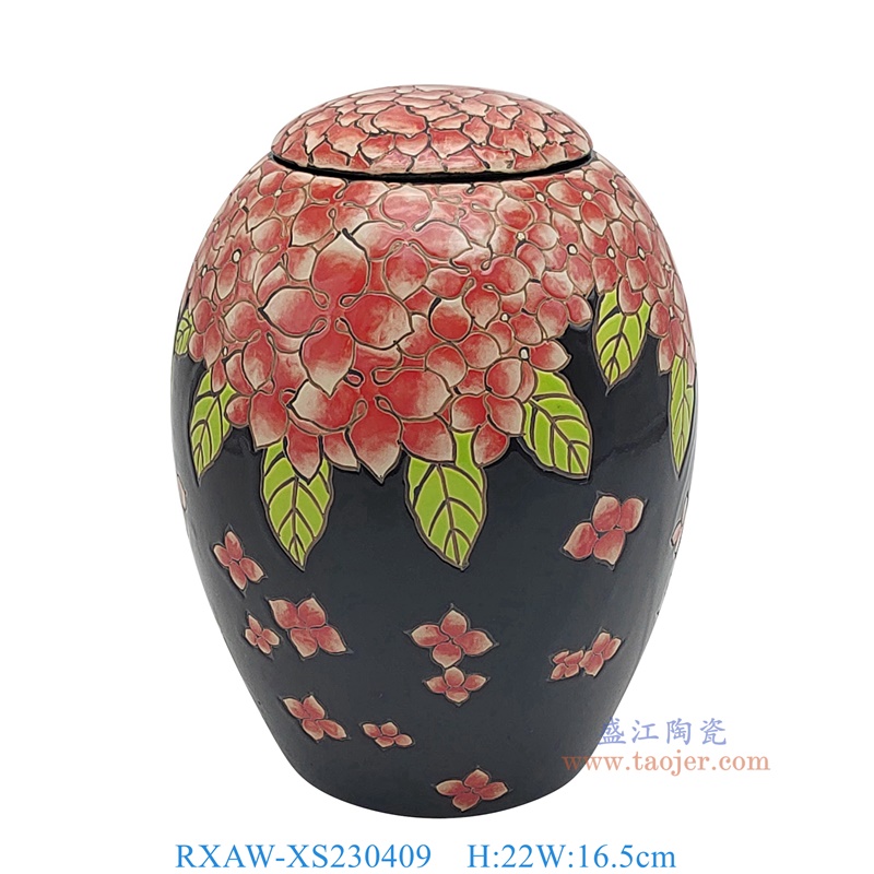 RXAW-XS230409 黑底彩绘红花盖罐 高22直径16.5