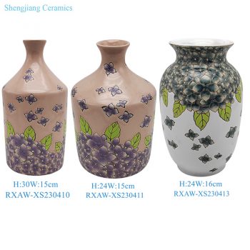 RXAW-XS230410-zhuhe 粉色底彩绘紫花卉花瓶 白底蓝花冬瓜罐