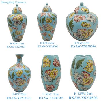 RXAW-XS230501-zhuhe 蓝底彩绘芙蓉花赏瓶 蓝底彩绘芙蓉花将军罐 蓝底彩绘芙蓉花罐子花瓶