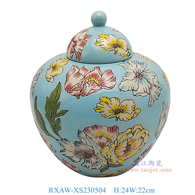 RXAW-XS230504 蓝底彩绘芙蓉花将军罐小号 高24直径22