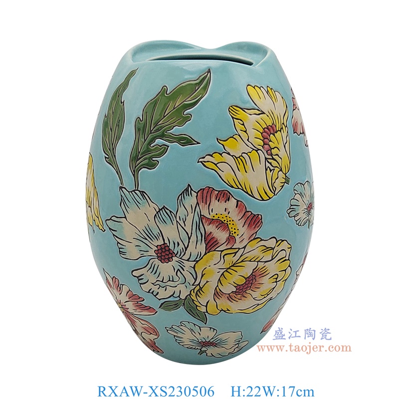 RXAW-XS230506 蓝底彩绘芙蓉花罐子花瓶 高22直径17