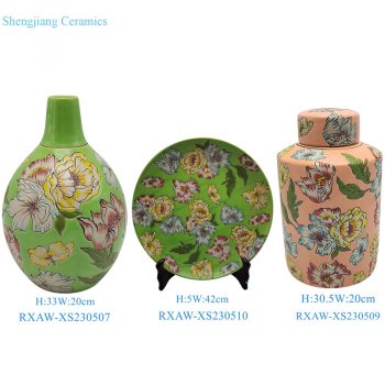 RXAW-XS230507-zhuhe 绿底彩绘芙蓉花胆瓶 粉色底彩绘芙蓉花直筒茶叶罐 绿底彩绘芙蓉花圆盘赏盘
