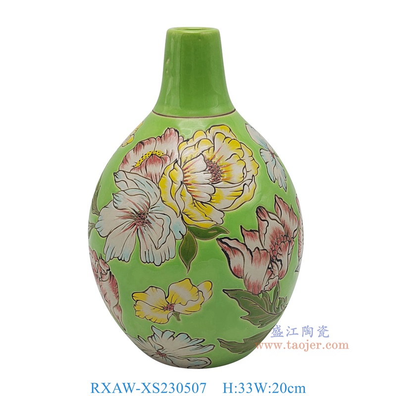 RXAW-XS230507 绿底彩绘芙蓉花胆瓶大号 高33直径20