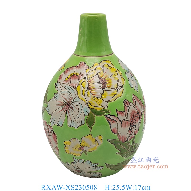 RXAW-XS230508 绿底彩绘芙蓉花胆瓶小号 高25.5直径17
