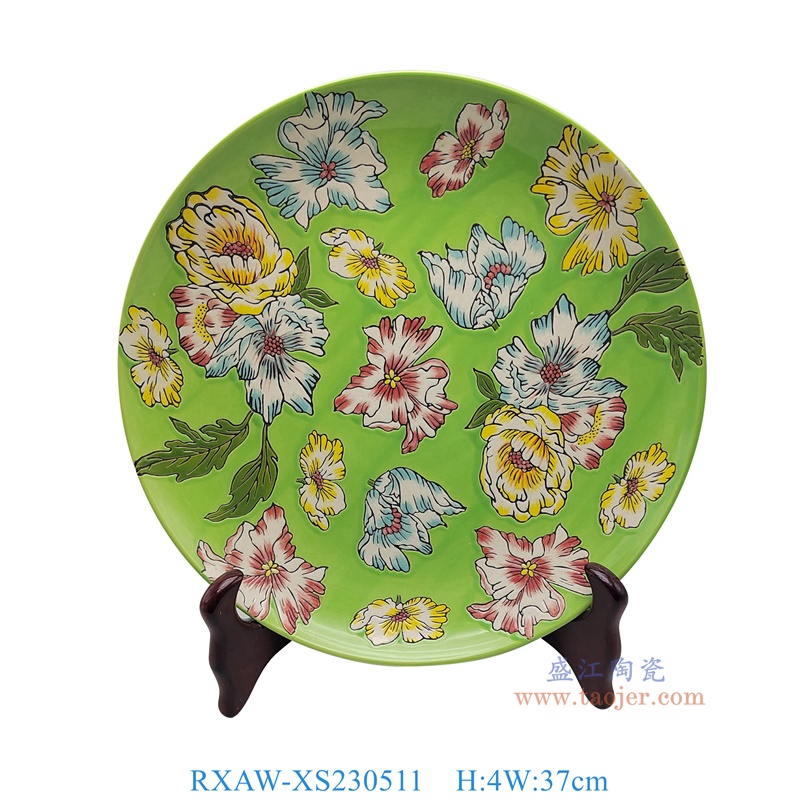 RXAW-XS230511 绿底彩绘芙蓉花14.5寸圆盘赏盘 高4直径37