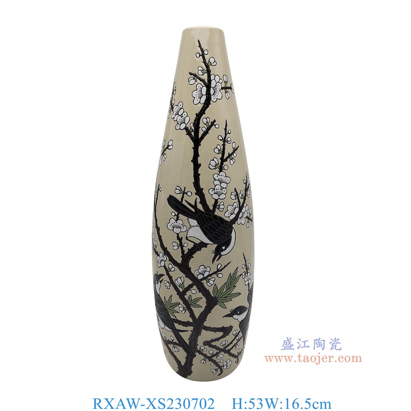 RXAW-XS230702 灰白底彩绘喜上眉梢花鸟直筒花瓶小号 高53直径16.5