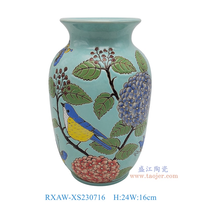 RXAW-XS230716 蓝底彩绘花鸟冬瓜瓶 高24直径16