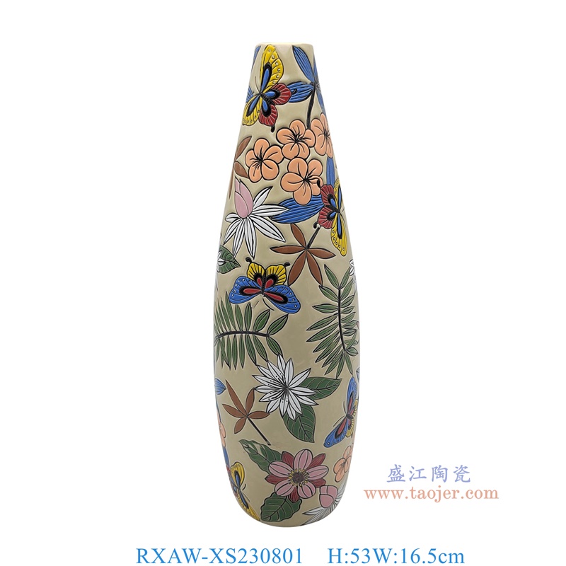RXAW-XS230801 黄底彩绘花蝶纹直筒花瓶 高53直径16.5