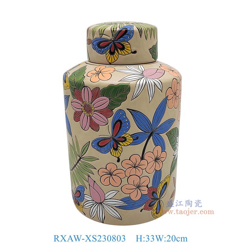 RXAW-XS230803 黄底彩绘花蝶纹直筒茶叶罐 高33直径20