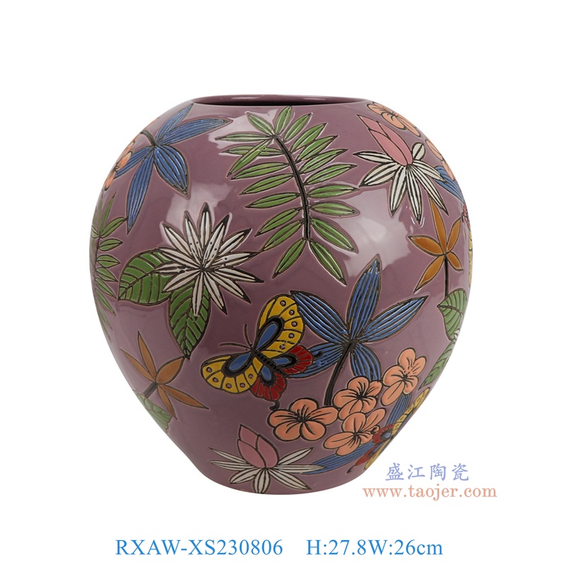 RXAW-XS230806 紫色底彩绘花蝶纹胆瓶小号 高27.8直径26底径12.8重量2.55KG