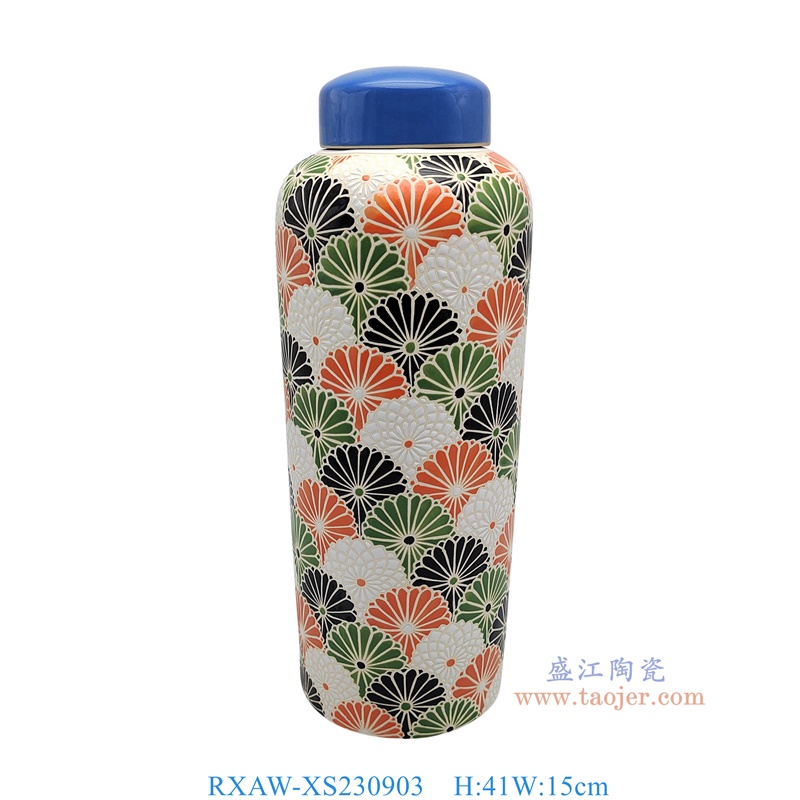 RXAW-XS230903 彩绘花卉带蓝盖子直筒冬瓜罐大号 高41直径15