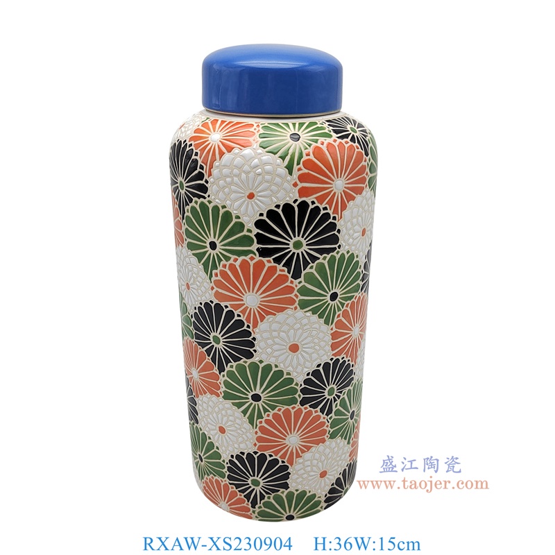 RXAW-XS230904 彩绘花卉带蓝盖子直筒冬瓜罐小号 高36直径15