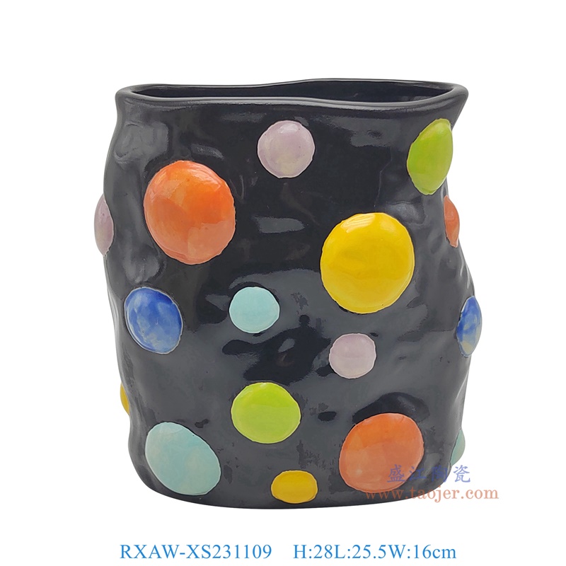 RXAW-XS231109 黑底彩绘圆点纹异形罐子笔筒 高28直径25.5