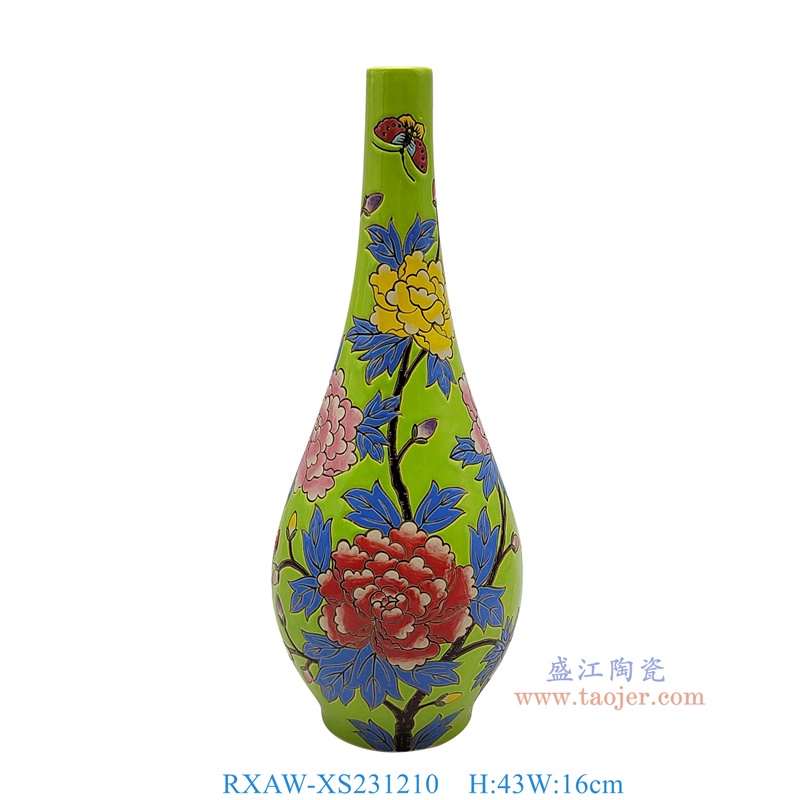 RXAW-XS231210 绿底彩绘牡丹花蝶纹胆瓶 高43直径16