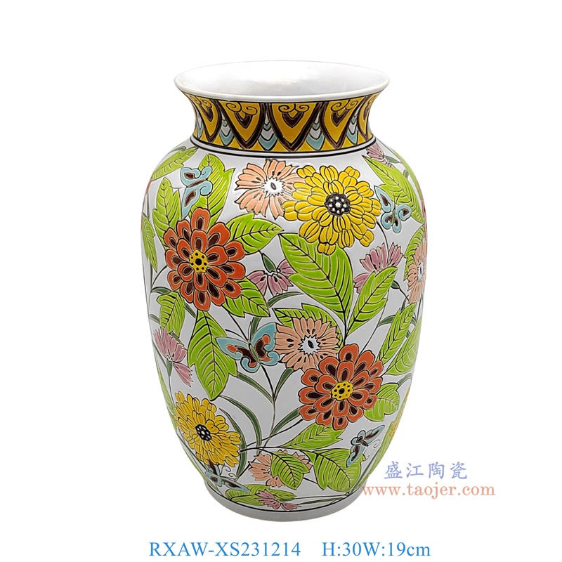 RXAW-XS231214 白底彩绘花蝶纹冬瓜瓶 高30直径19