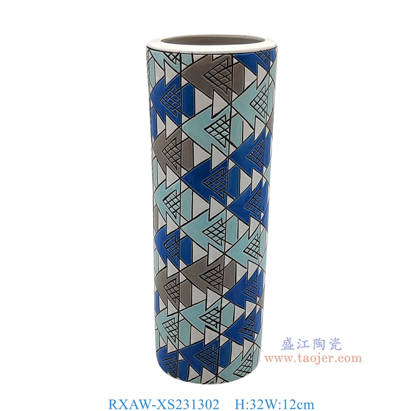 RXAW-XS231302 彩绘蓝白三角形纹直筒箭筒伞筒中号 高32直径12