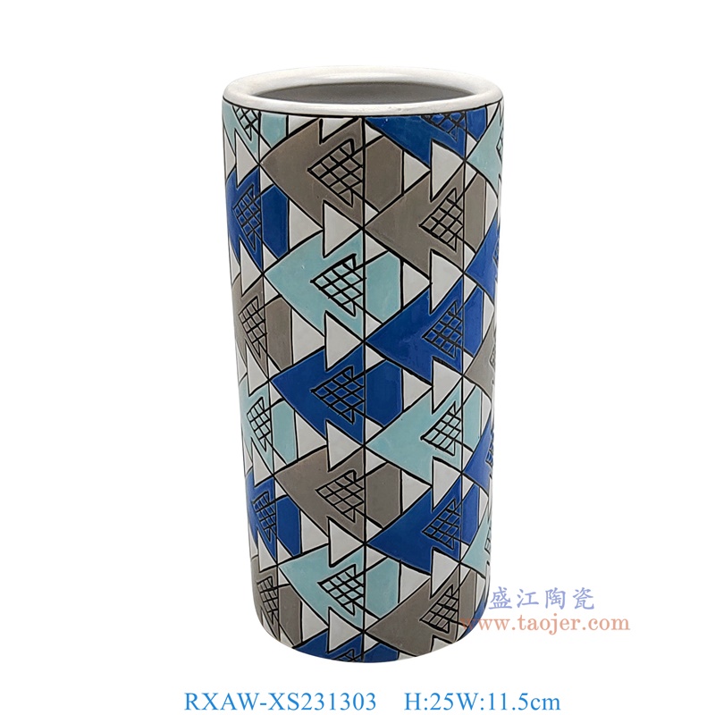 RXAW-XS231303 彩绘蓝白三角形纹直筒笔筒大号 高25直径11.5