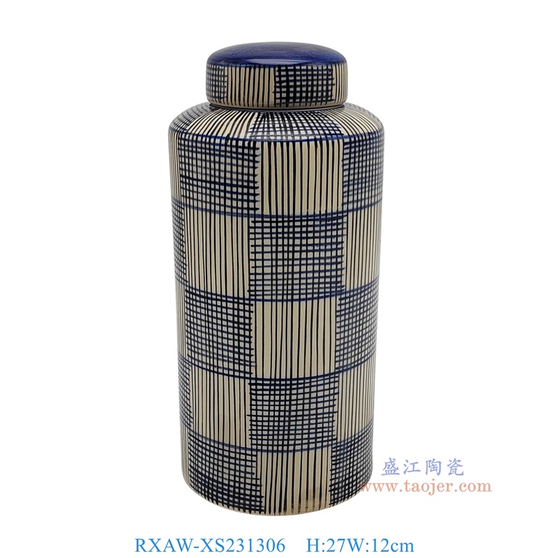 RXAW-XS231306 黄底青花黑线条纹直筒茶叶罐大号 高27直径12 