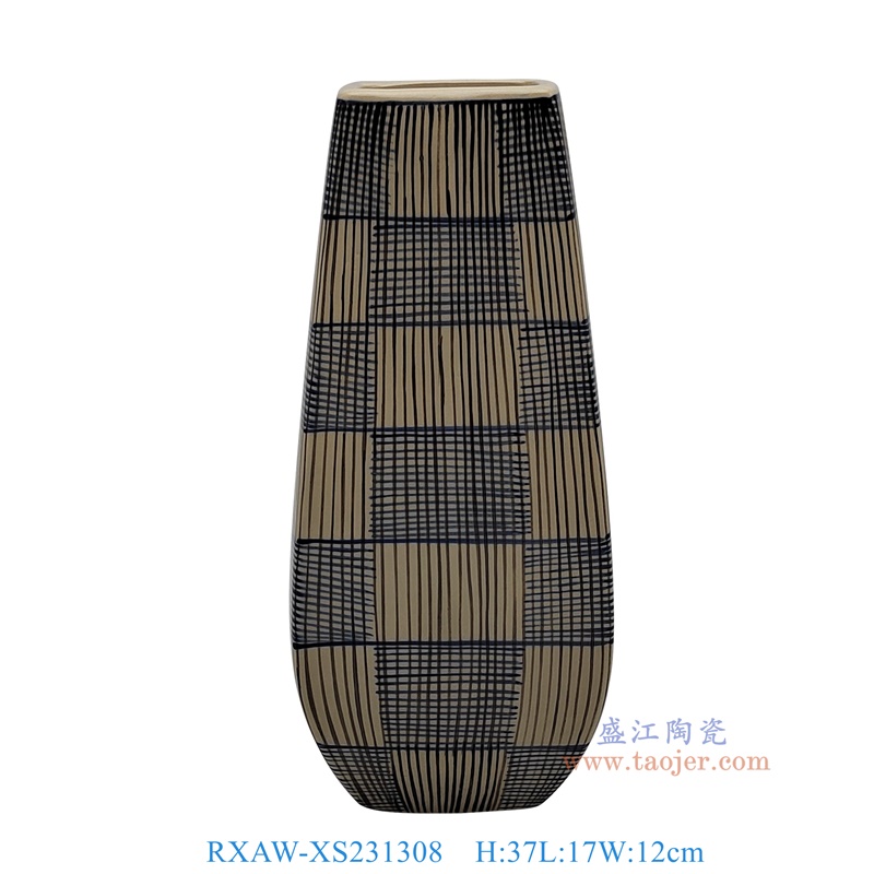 RXAW-XS231308 黄底青花黑线条纹方口花瓶 高37直径17 