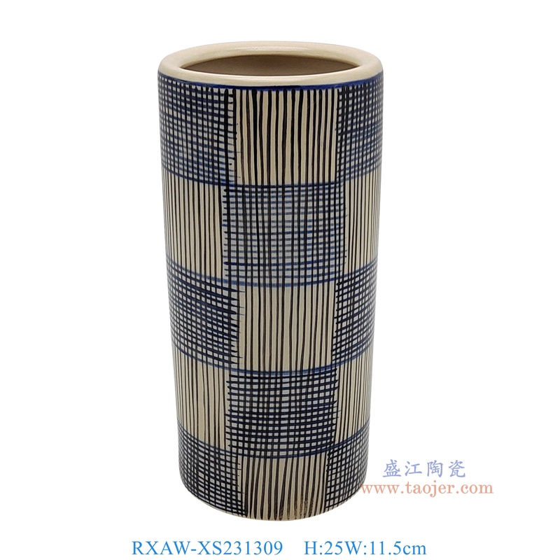 RXAW-XS231309 黄底青花黑线条纹笔筒 高25直径11.5 