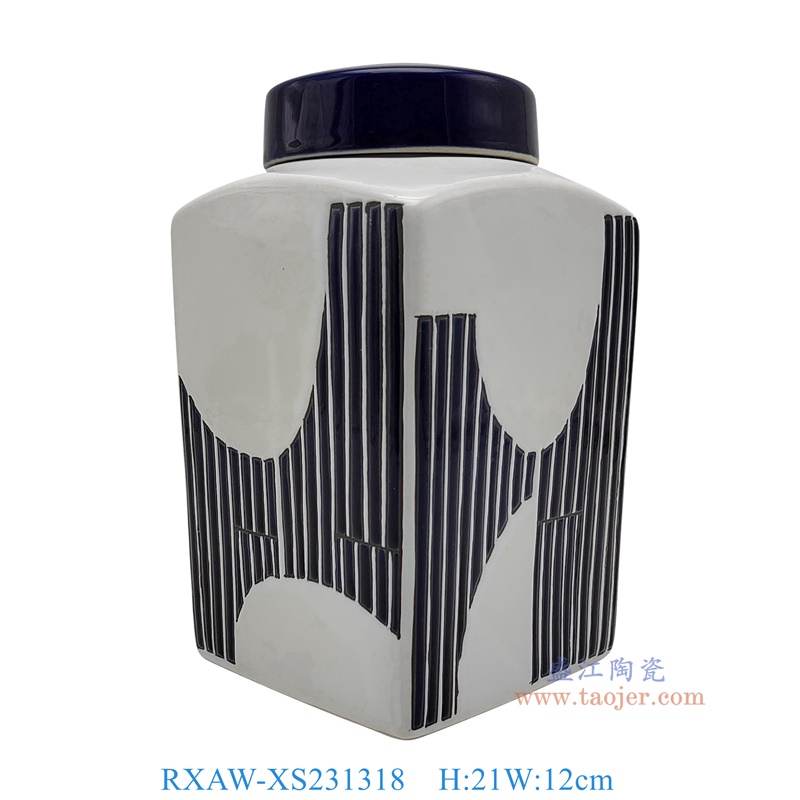 RXAW-XS231318 白底青花竖线几何图形四方茶叶罐小号 高21直径12