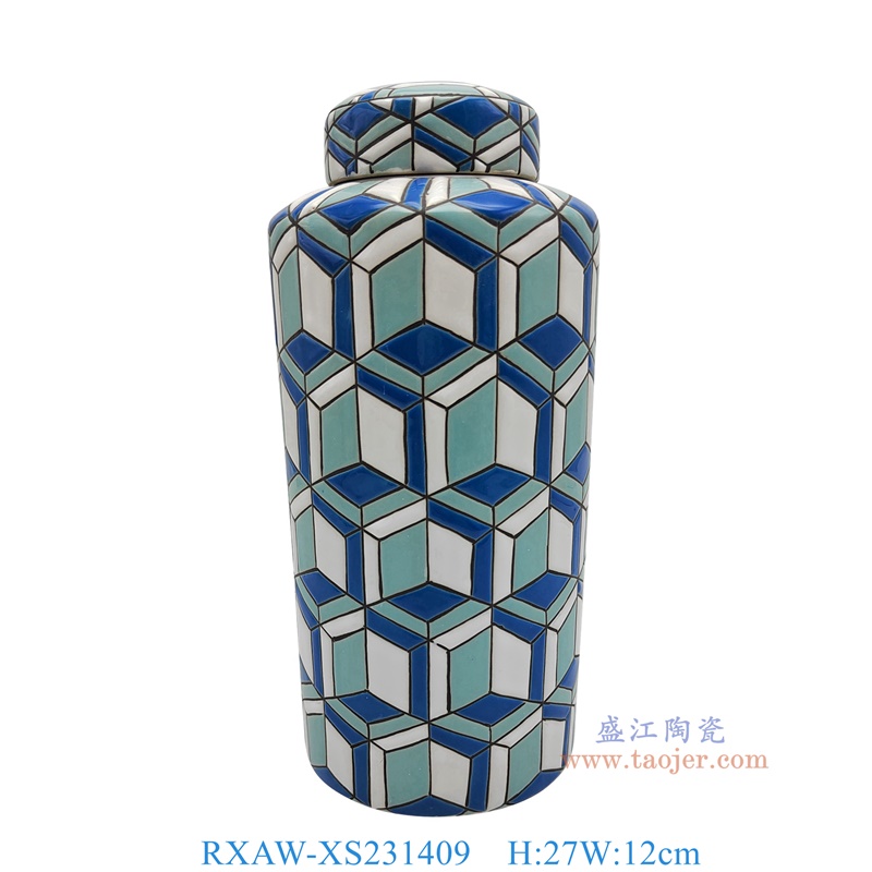 RXAW-XS231409 蓝白正方体六边形纹直筒茶叶罐 高27直径12 
