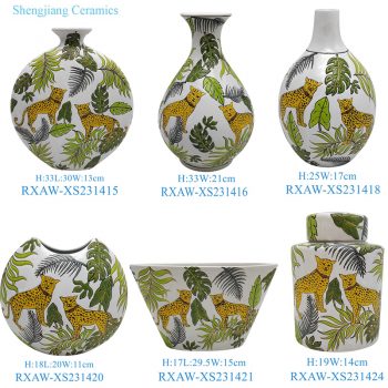 RXAW-XS231415-zhuhe 白底彩绘老虎纹扁肚包月瓶 白底彩绘老虎纹玉壶春瓶 白底彩绘老虎纹胆瓶 白底彩绘老虎异形扁肚花瓶罐子 白底彩绘老虎异大碗 白底彩绘长颈鹿纹直筒茶叶罐