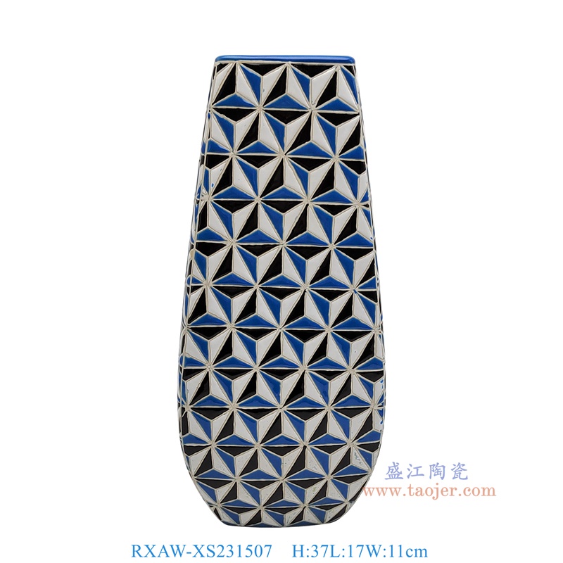 RXAW-XS231507 蓝白黑三角形纹方口花瓶中号 高37直径17