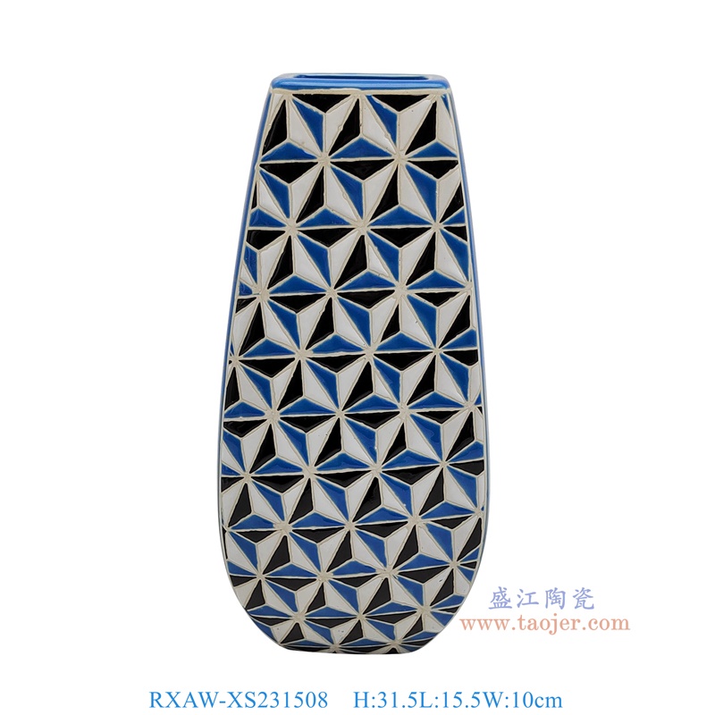 RXAW-XS231508 蓝白黑三角形纹方口花瓶小号 高31.5直径15.5