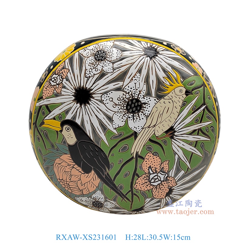RXAW-XS231601 绿底彩绘花鸟扁肚月饼罐大号 高28直径30.5
