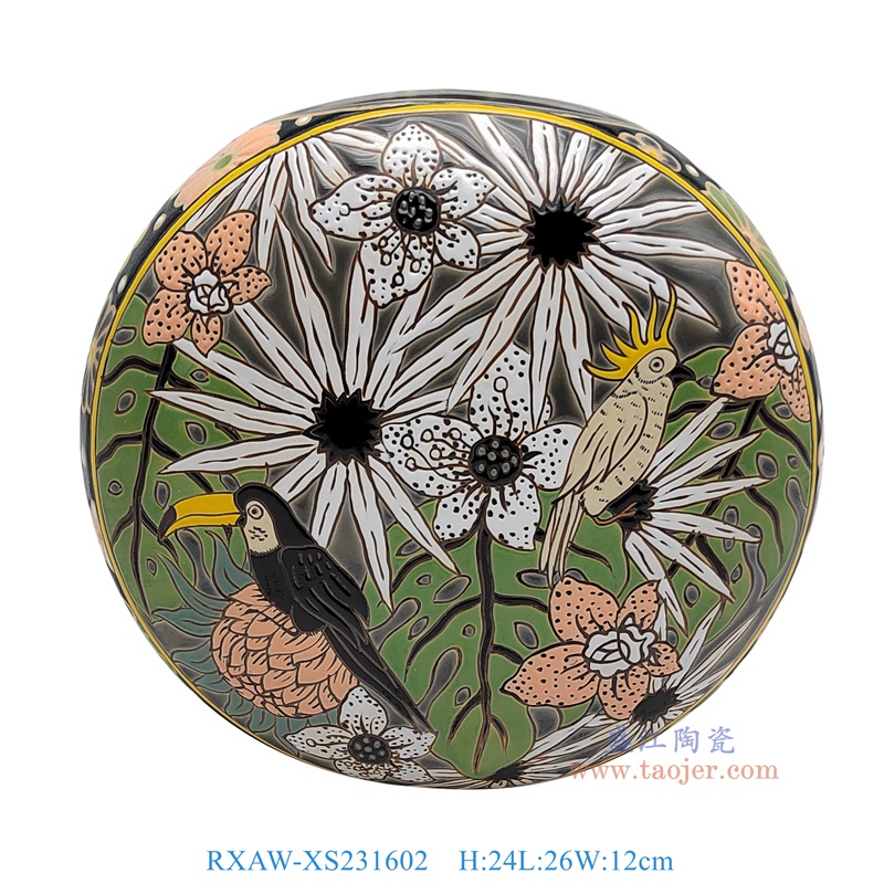 RXAW-XS231602 绿底彩绘花鸟扁肚月饼罐中号 高24直径26