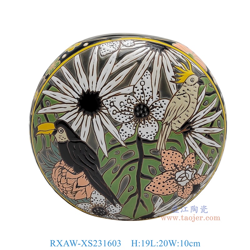 RXAW-XS231603 绿底彩绘花鸟扁肚月饼罐小号 高19直径20