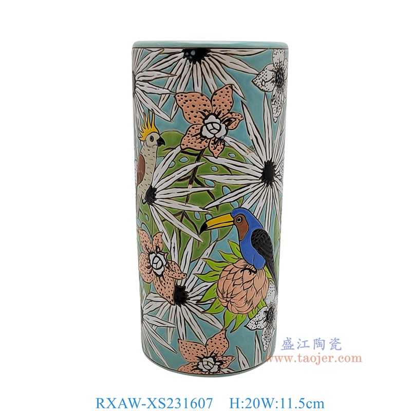 RXAW-XS231607 绿底彩绘花鸟笔筒 高20直径11.5