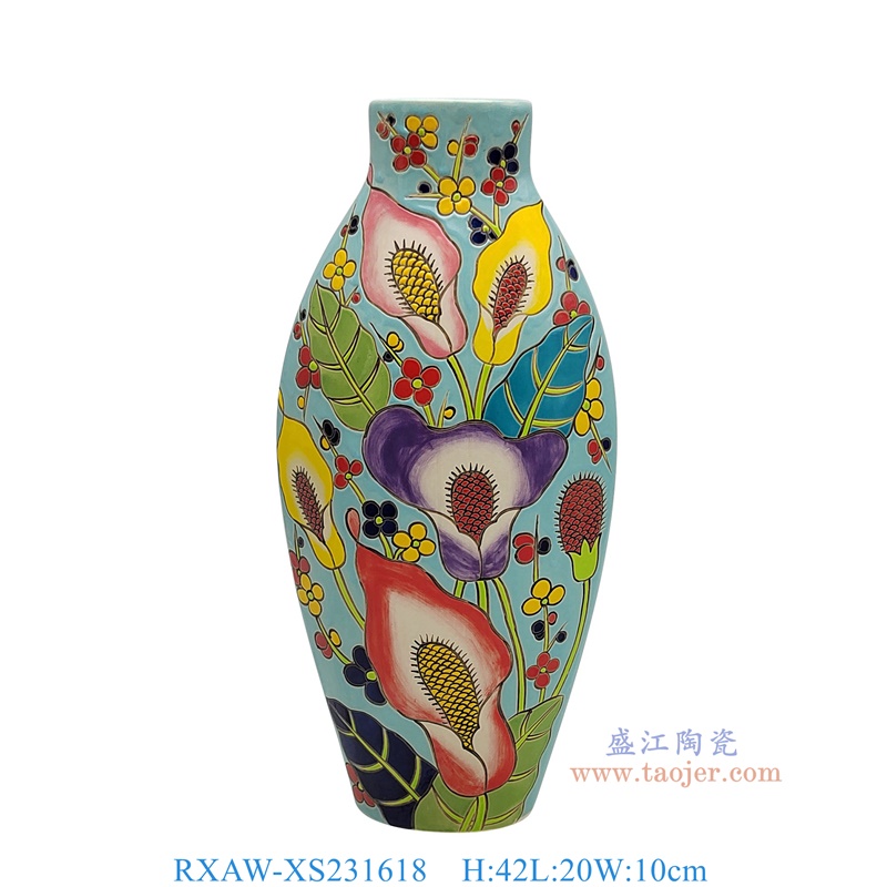 RXAW-XS231618 蓝底彩绘花叶纹异形花瓶 高42直径20