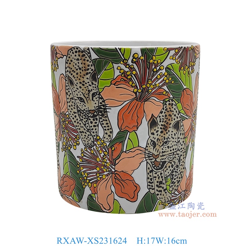 RXAW-XS231624 白底彩绘老虎纹笔筒 高17直径16