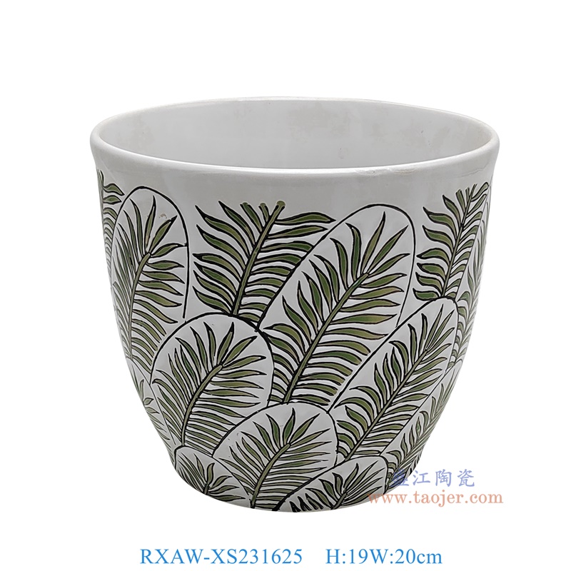 RXAW-XS231625 白底彩绘绿叶纹花盆 高19直径20