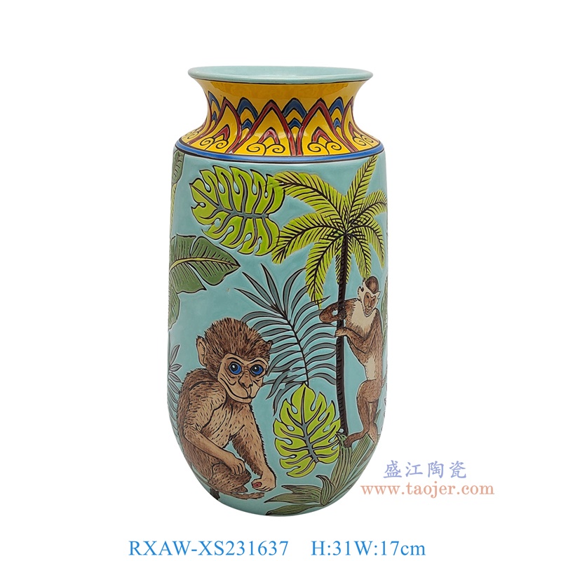 RXAW-XS231637 蓝底猴子纹冬瓜瓶 高31直径17