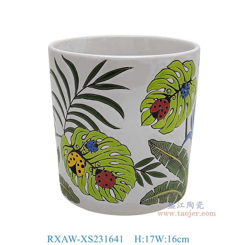 RXAW-XS231641 白底彩绘虫叶纹笔筒 高17直径16