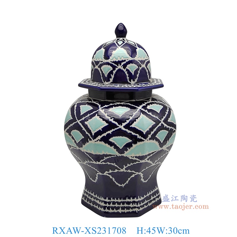 RXAW-XS231708 蓝底彩绘菱形纹将军罐大号 高45直径30