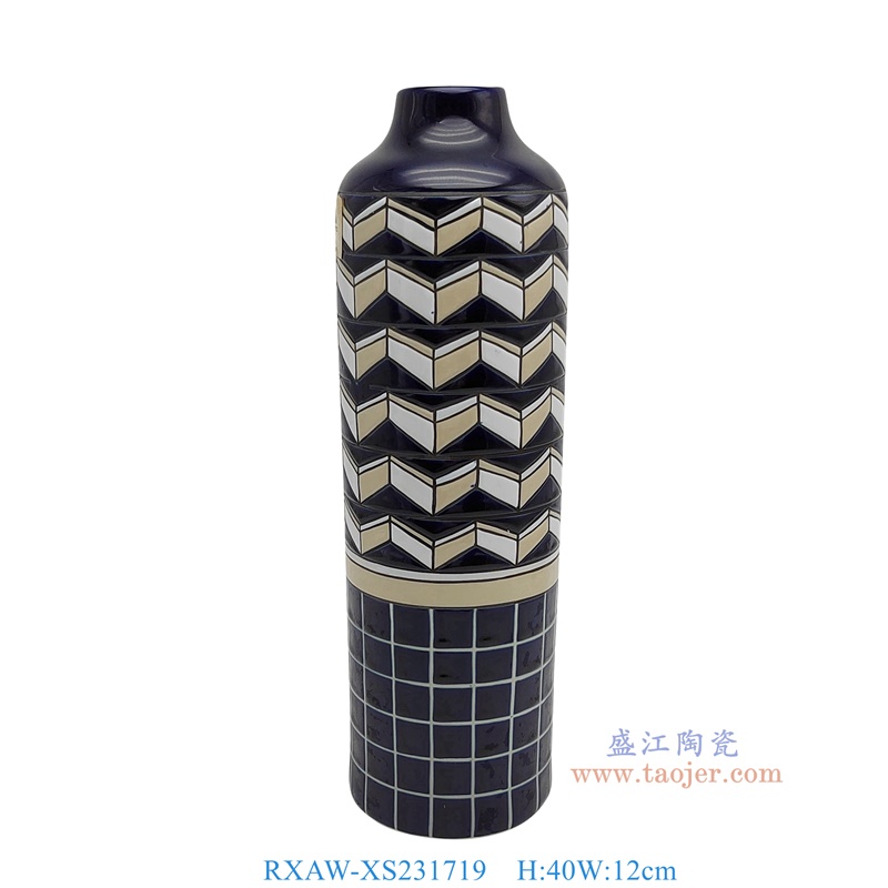 RXAW-XS231719 蓝底彩绘几何图形直筒花瓶 高40直径12 
