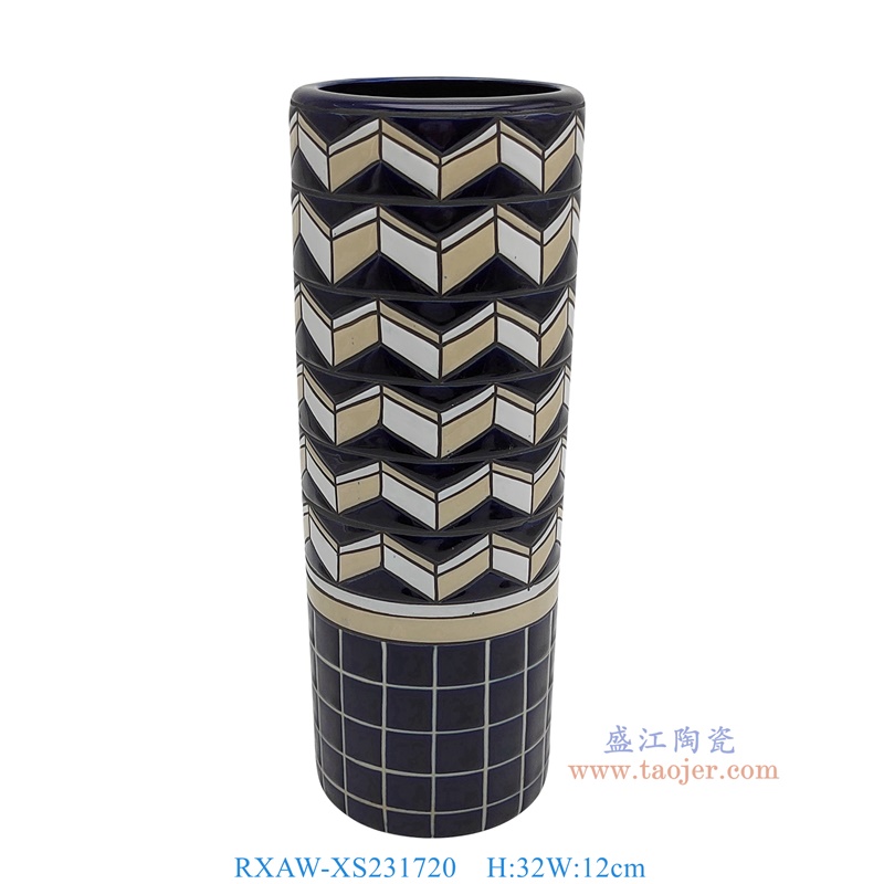RXAW-XS231720 蓝底彩绘几何图形直筒箭筒伞筒笔筒 高32直径12