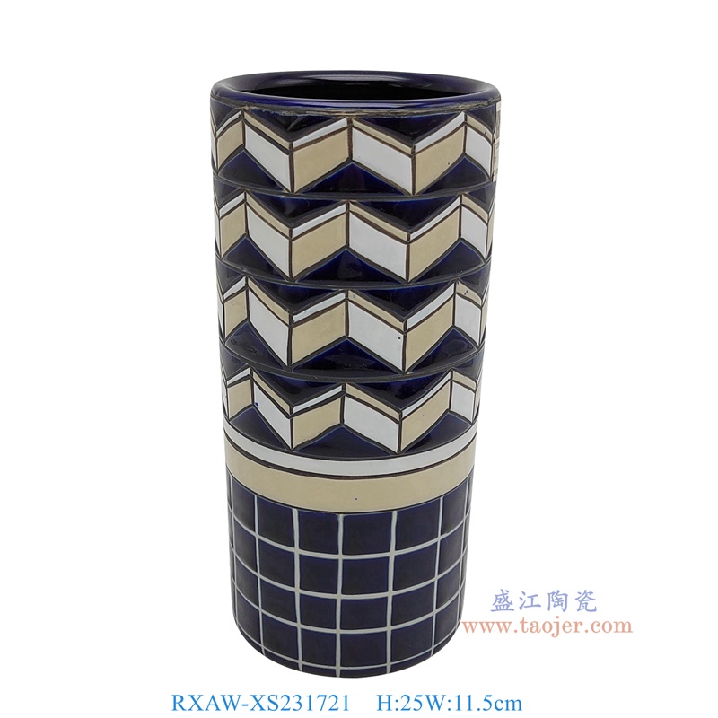 RXAW-XS231721 蓝底彩绘几何图形直筒笔筒 高25直径11.5